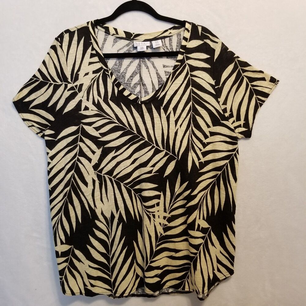 Nicole Miller New York 1X Top 100% Linen Jersey Knit Palm Print Coastal Beach